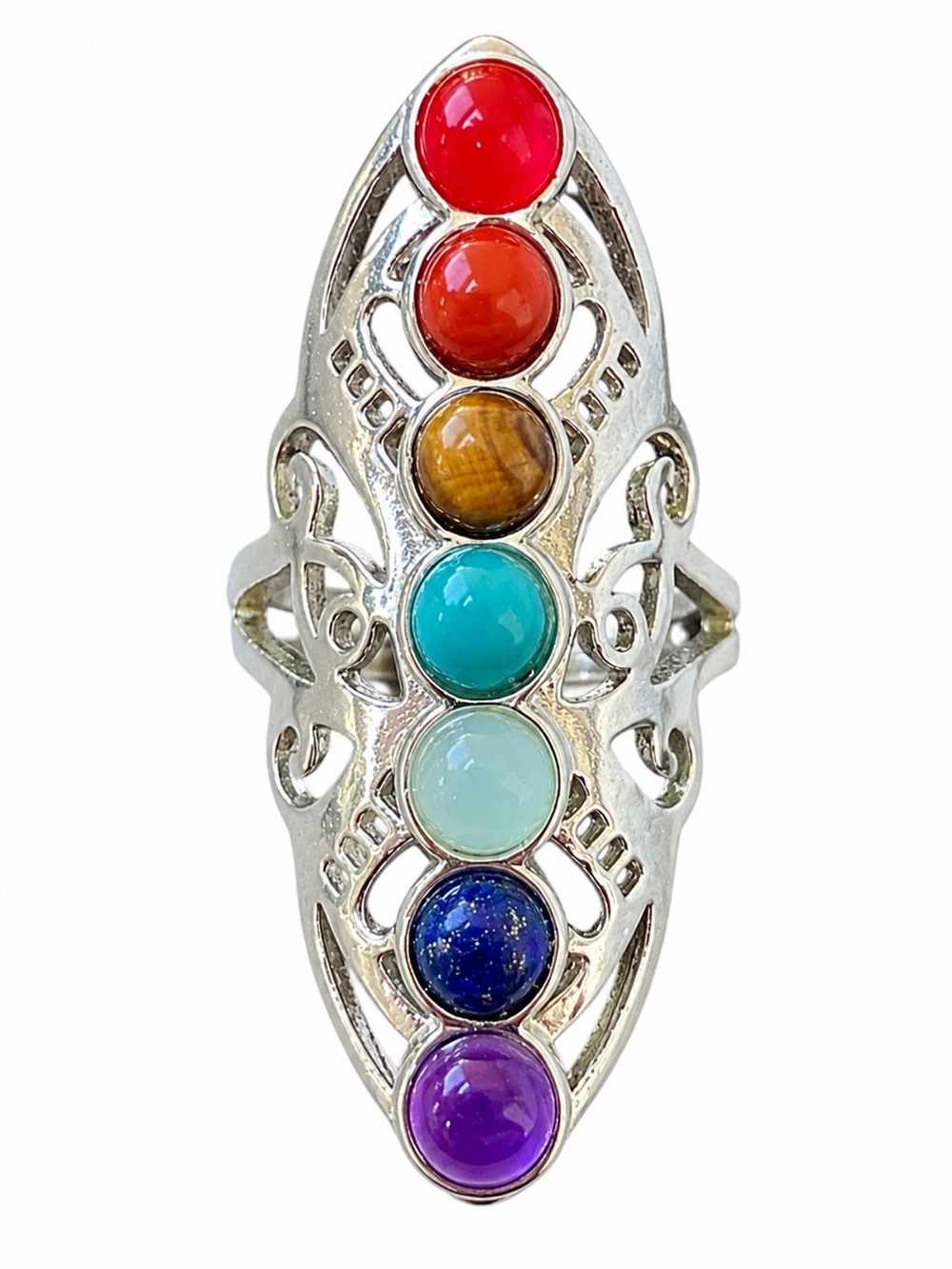 NWOT Rainbow Chakra Stone Ring Silver Tone Adjustable Boho Festival - Picture 6 of 11